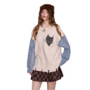 ELFSACK Women's Pullover Sweater Long Sleeve Denim Patchwork Sleeves Embroidered Loose Fit Preppy Yuppie Style Winter