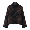 HH Women 2 Piece Set Elegant Skirt Suit High Collar Long Sleeves Plaid Knitted Pullover+High Waist Mini Skirt Street Style Suit