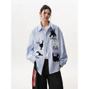 Women Plaid Long Sleeve Shirt Cat Embroidery Loose Casual Sun  Blouse Thin Breathable Shacket Tops