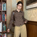 American Plaid Shirt Women Vintage Turn Down Collar Slim Blouse Autumn Casual Retro Long Sleeve Single Breasted Female Tops New