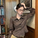 American Plaid Shirt Women Vintage Turn Down Collar Slim Blouse Autumn Casual Retro Long Sleeve Single Breasted Female Tops New