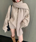Women's Solid Color Knitted Three Piece Set Lazy Style Pullover Sweater Shorts Scarf 3 Piece Sets Knitwear Female Clothing New