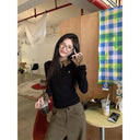 American Plaid Fake Two Piece Right Shoulder Long Sleeve T-shirt for Women Slim Fit Polo Collar Inner Layering Shirt Top