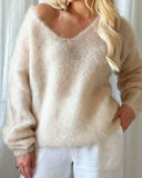 Lady Pullover Sweater Autumn Elegant V-neck Sweater Tops Causal Long Sleeve Solid Color Knitted Autumn Winter Womens Clothing