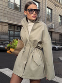 women Coat Stand Collar Drawstring Waist Trench Jacket 2025 Autumn Commute Long Sleeves Casual Women's Mid-Length Trench Coat