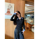American Plaid Fake Two Piece Right Shoulder Long Sleeve T-shirt for Women Slim Fit Polo Collar Inner Layering Shirt Top