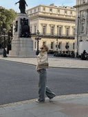 Women Beige Cropped Trench Coat Stand‑Collar Double‑Breasted Loose Streetwear Jacket Outerwear