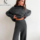 2026 Autumn Winter Knitted Pants Set Turtleneck Sweater High Waist Wide Leg Pant Suits Ladies Casual Warm Sweater 2 Piece Set