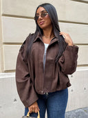 HH Autumn Women Loose Casual Oversize Jacket Vintage Solid Long Sleeve Zipper Suede Coat New Fashion Female Y2K Streetwear