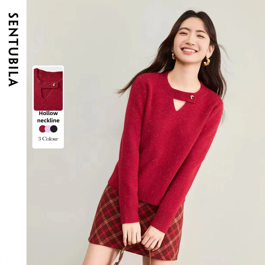 SENTUBILA Women's Glossy Coral Fleece Sweater Pullovers 2026 Autumn Hollow Round Neck Jumpers Soft Elegant Female Top W53EE3755