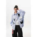 Women Plaid Long Sleeve Shirt Cat Embroidery Loose Casual Sun  Blouse Thin Breathable Shacket Tops