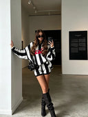 Autumn Women Striped Letter Jacquard Knit Set V Neck Loose Knit Sweater Casual Shorts Street Matching Sets Ladies Sweater Outfit