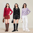 SENTUBILA Women's Glossy Coral Fleece Sweater Pullovers 2026 Autumn Hollow Round Neck Jumpers Soft Elegant Female Top W53EE3755