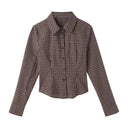 American Plaid Shirt Women Vintage Turn Down Collar Slim Blouse Autumn Casual Retro Long Sleeve Single Breasted Female Tops New