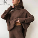 2026 Autumn Winter Knitted Pants Set Turtleneck Sweater High Waist Wide Leg Pant Suits Ladies Casual Warm Sweater 2 Piece Set