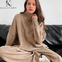 2026 Autumn Winter Knitted Pants Set Turtleneck Sweater High Waist Wide Leg Pant Suits Ladies Casual Warm Sweater 2 Piece Set