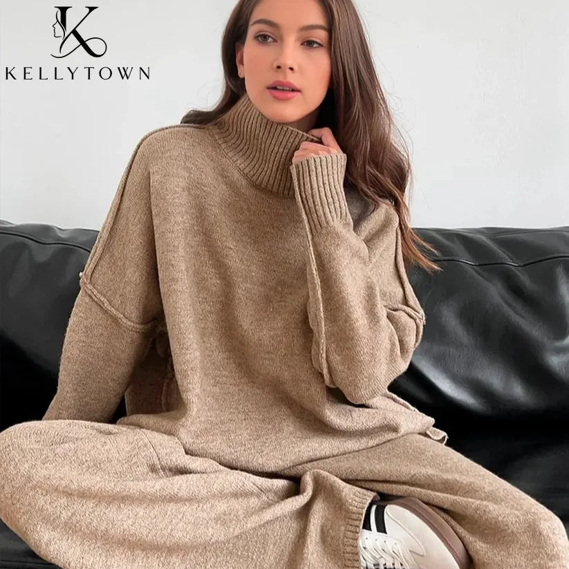 2026 Autumn Winter Knitted Pants Set Turtleneck Sweater High Waist Wide Leg Pant Suits Ladies Casual Warm Sweater 2 Piece Set