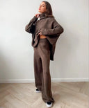 2026 Autumn Winter Knitted Pants Set Turtleneck Sweater High Waist Wide Leg Pant Suits Ladies Casual Warm Sweater 2 Piece Set